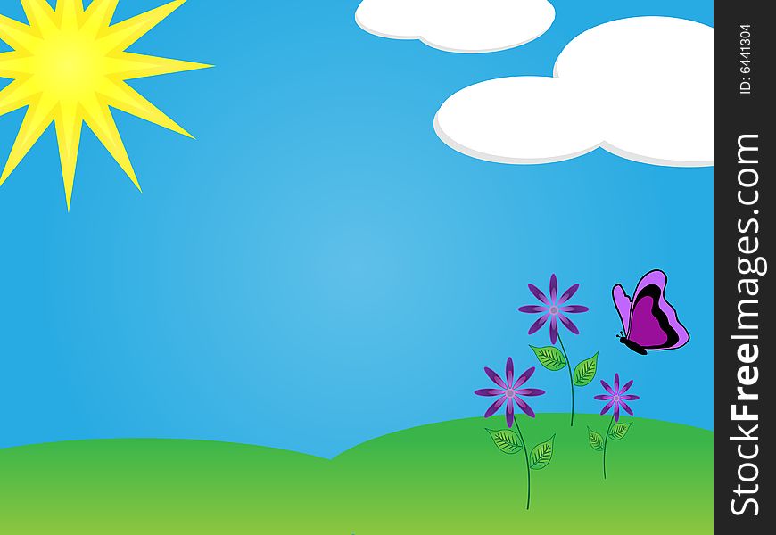 Graphic illustration of blue sky, sunshine and purple flowers with a butterfly on green grass. Graphic illustration of blue sky, sunshine and purple flowers with a butterfly on green grass.