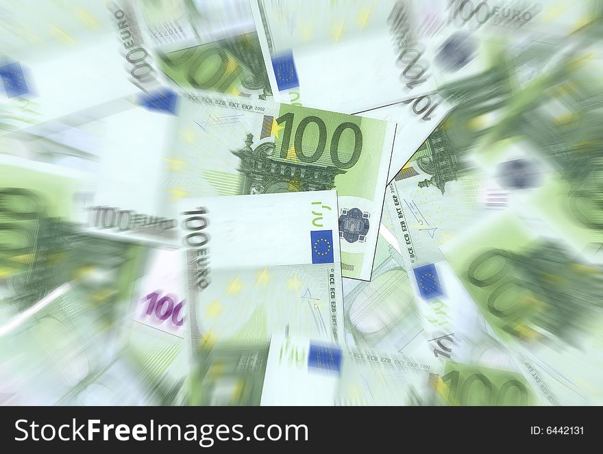 100 Euro notes background texture - mingled pile - radial blur, center focused. 100 Euro notes background texture - mingled pile - radial blur, center focused