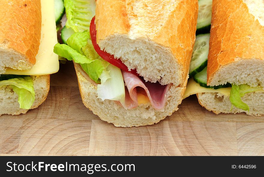 Filled crusty rolls with ham cheese and salad