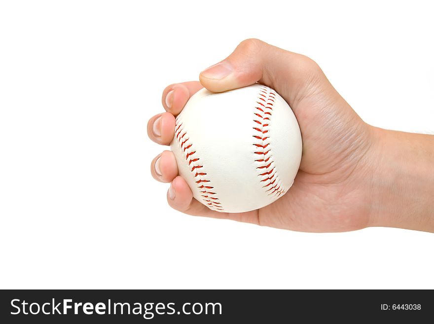 Baseball in hand on white background