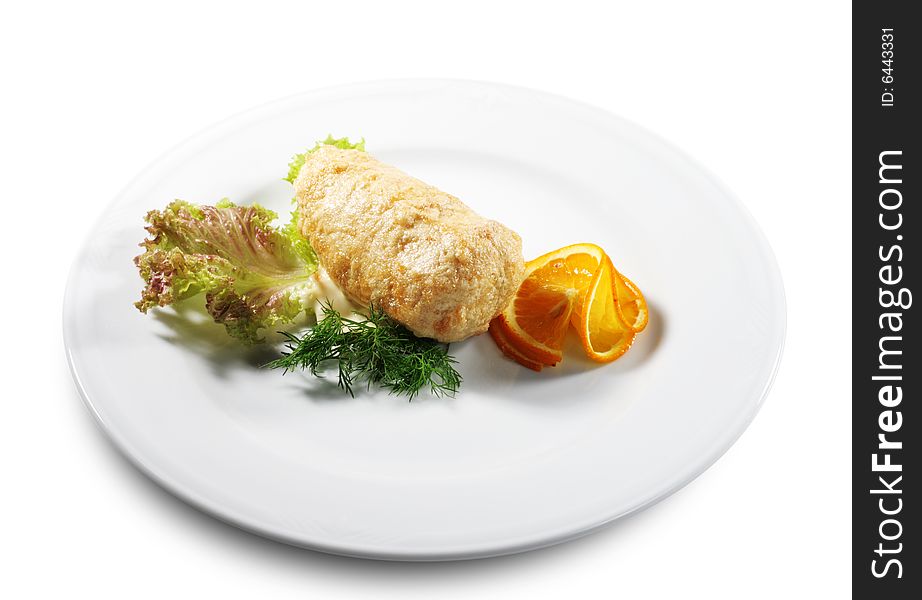 FIlleted Chicken (or Beef) Plate Served with Orange Slice and Salad Leaves. Isolated on White Background