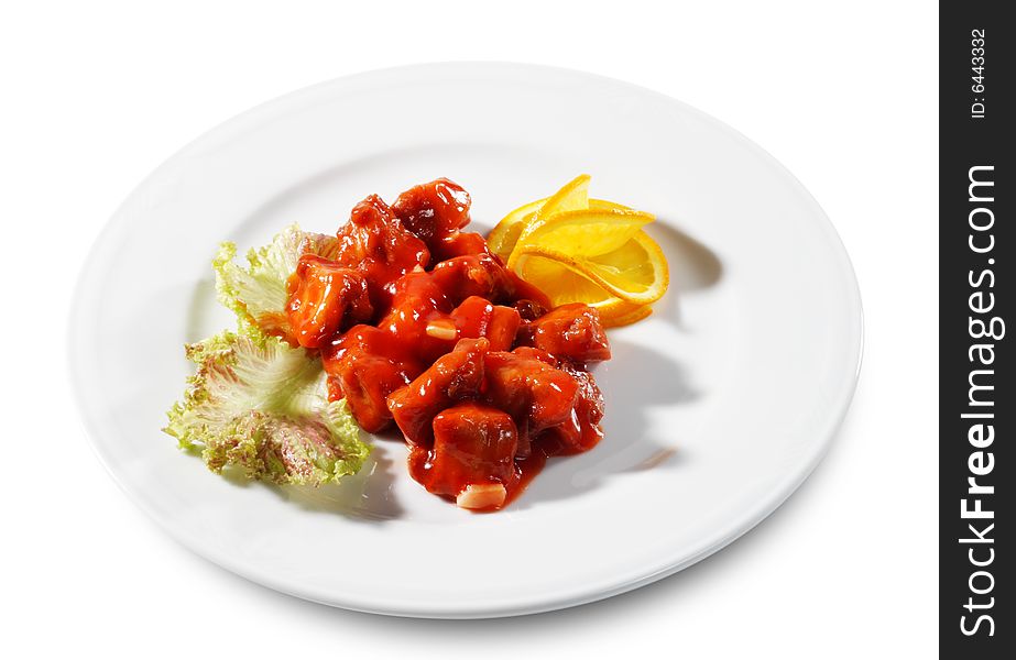 Chopped Chicken (or Beef, Meat) Served with Tomato Sauce and Orange