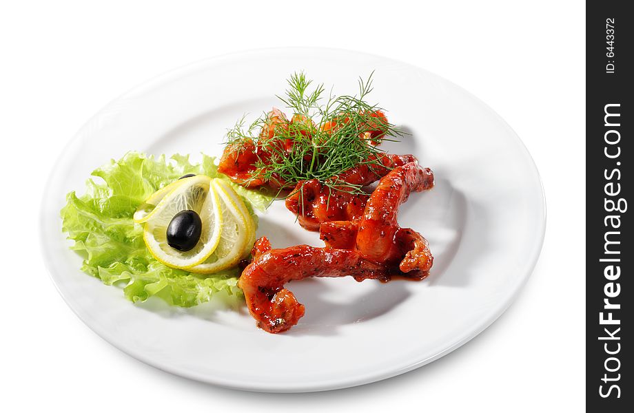 Seafood - Shrimps in Sauce Dressed with Salad Leaves, Dill, Lemon and Olives. Isolated on White Background. Seafood - Shrimps in Sauce Dressed with Salad Leaves, Dill, Lemon and Olives. Isolated on White Background