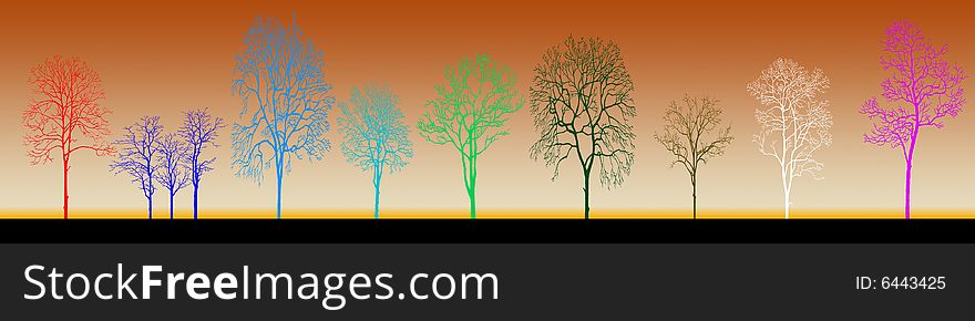 Color illustration of the silhouettes of dry trees