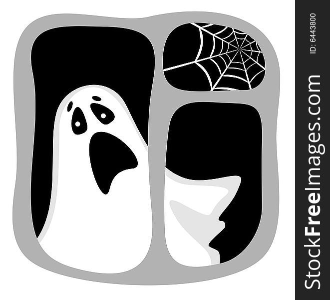 Cartoon ghost in a dark window with a cobweb. Halloween illustration.