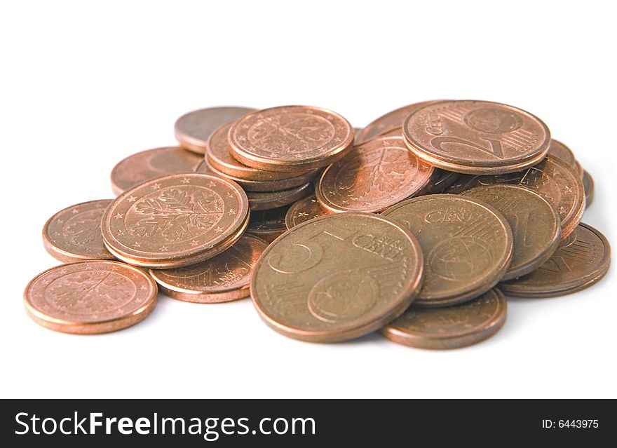 Pile of coins: 1,2 and 5 euro cents - isolated on white. Pile of coins: 1,2 and 5 euro cents - isolated on white