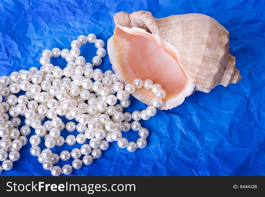 Beads Of Pearls With Shell On Blue Background