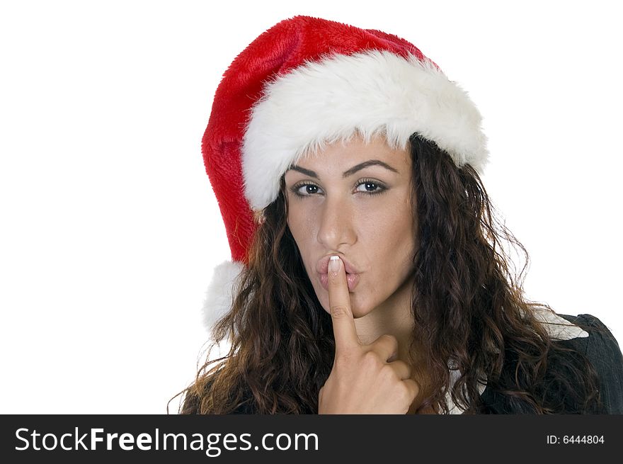 Christmas lady making silence sign with white background