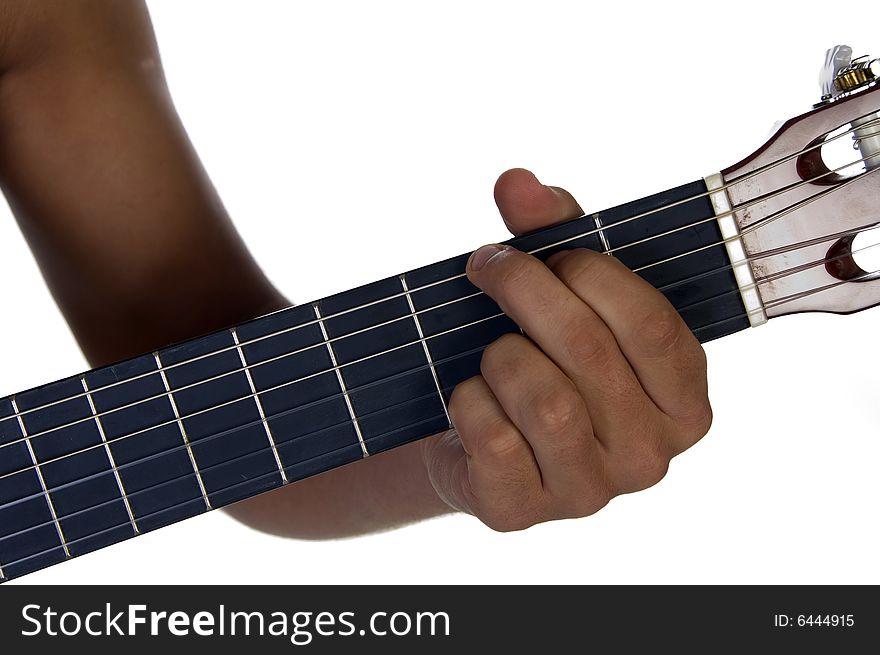 Hand of male playing guitar on an isolated background