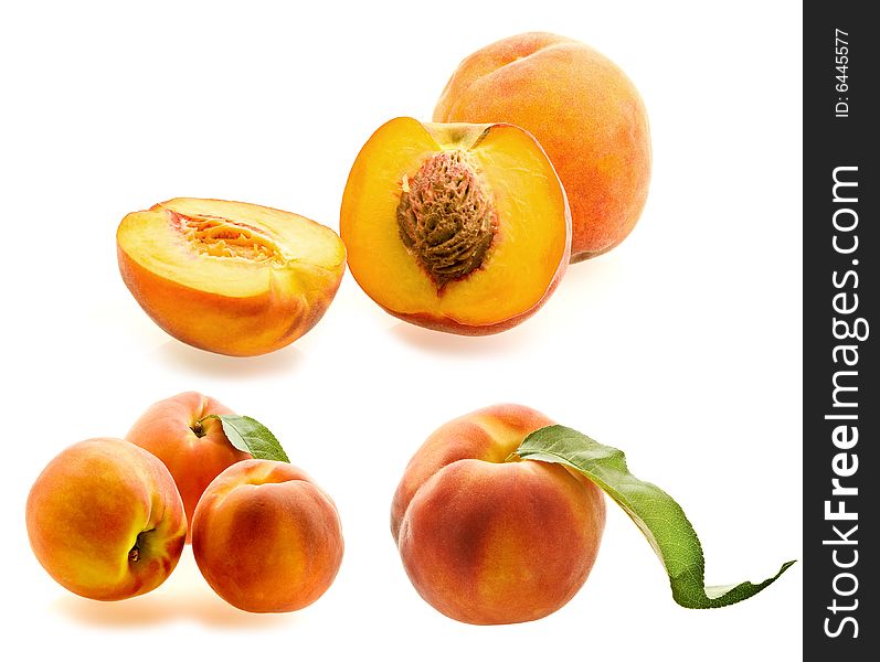 Set of fresh ripe peaches over white background
