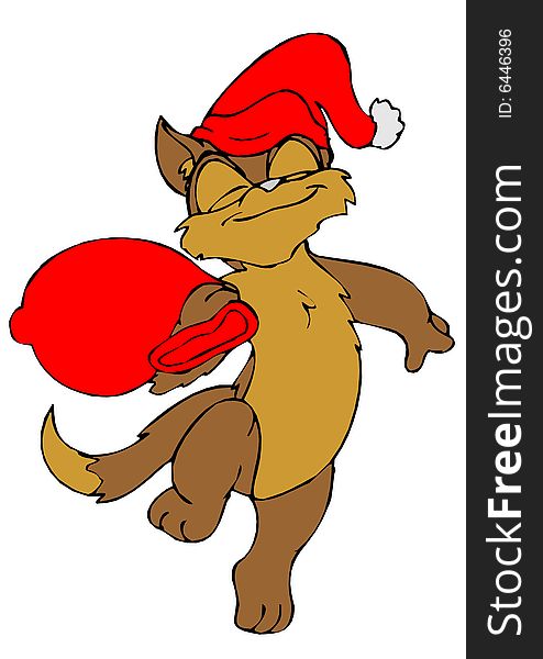 Illustration of cartoon santa cat with bag of toys.