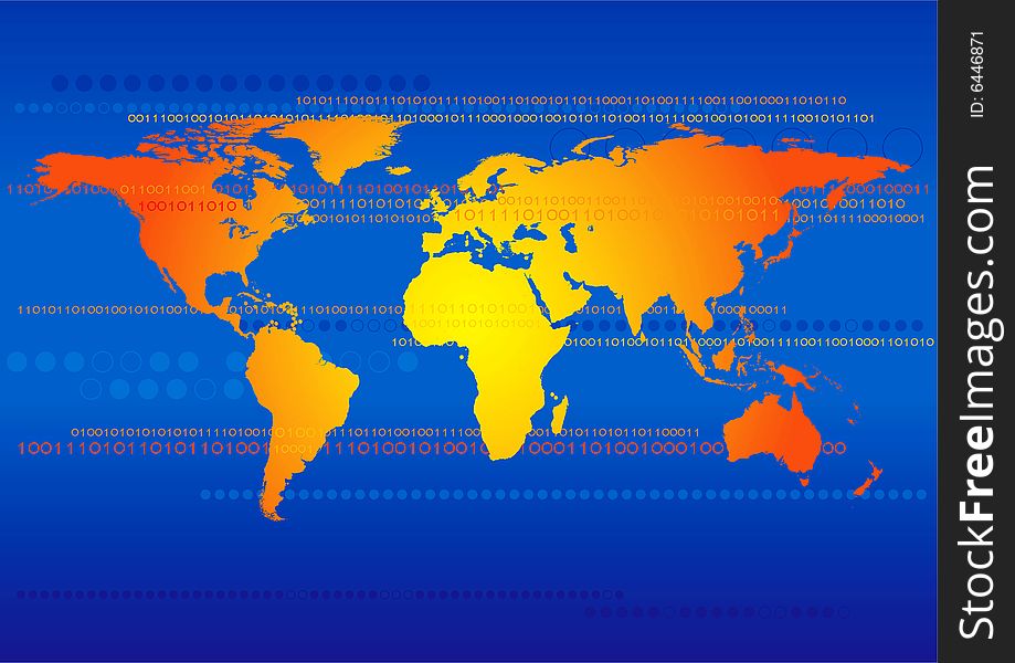 Illustration of world map with binary technology