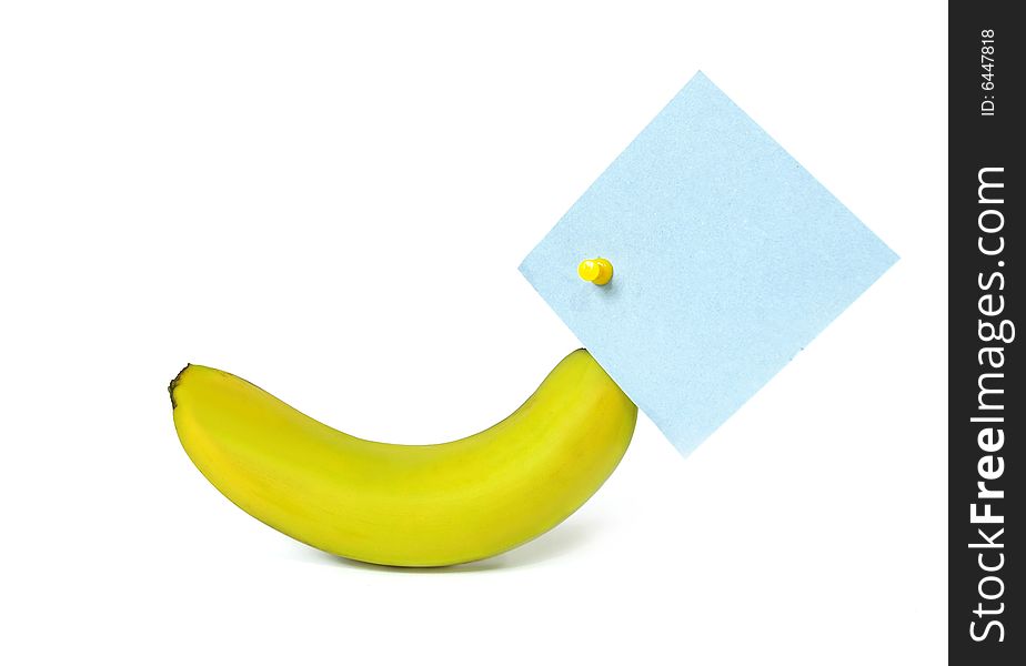 Banana and note paper isolated on white background