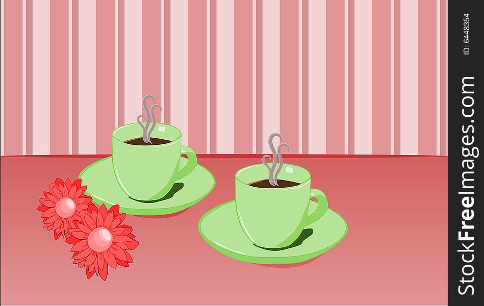 Two cups of coffee in pink setting