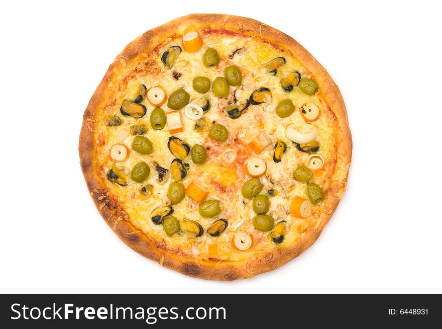 Isolated pizza with fresh frutti di mare on white background, top view. Isolated pizza with fresh frutti di mare on white background, top view