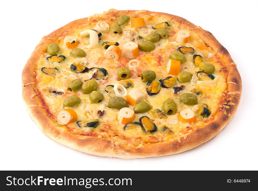 Isolated pizza with fresh frutti di mare on white background, isometric view. Isolated pizza with fresh frutti di mare on white background, isometric view