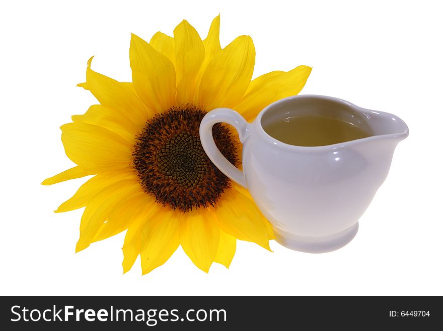 Sunflower oil with flower isolated on white background
