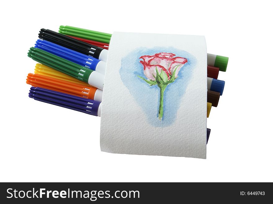 Felt-tip pens with painted rose isolated on white background