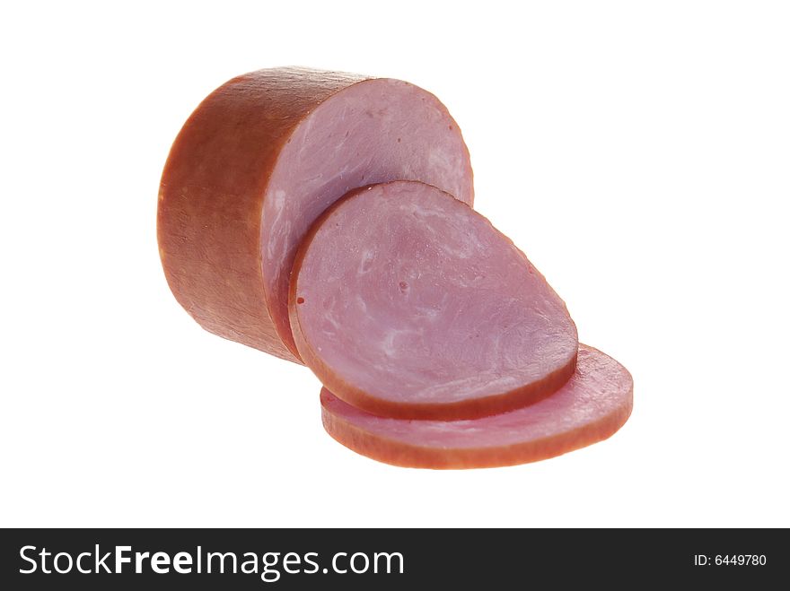 Sausage cut on slices isolated on white background