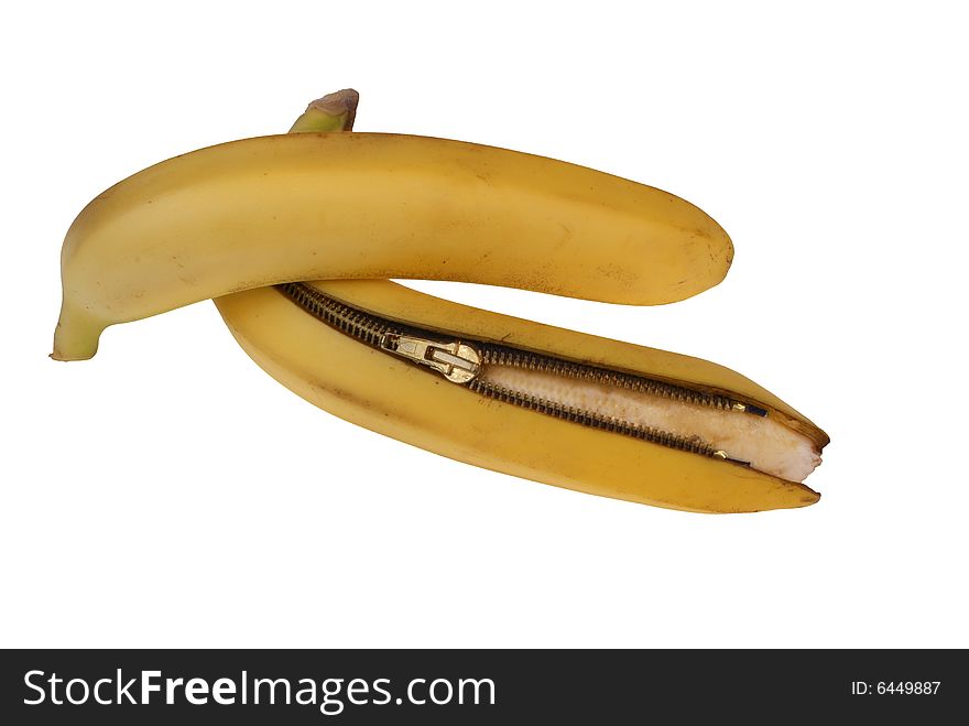 Banana unlocked on metal zip isolated on white background