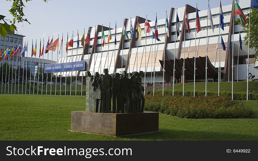 Euro flags in front of the european Parliament in Strasbourg