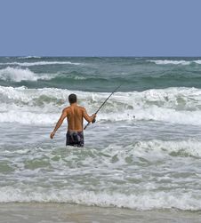 Man Surf Fishing Stock Image Man Surf Fishing Stock Image
