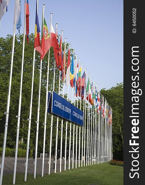 Euro flags in front of the european Parliament in Strasbourg