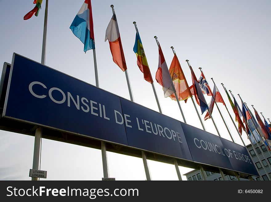 Euro flags in front of the european Parliament in Strasbourg