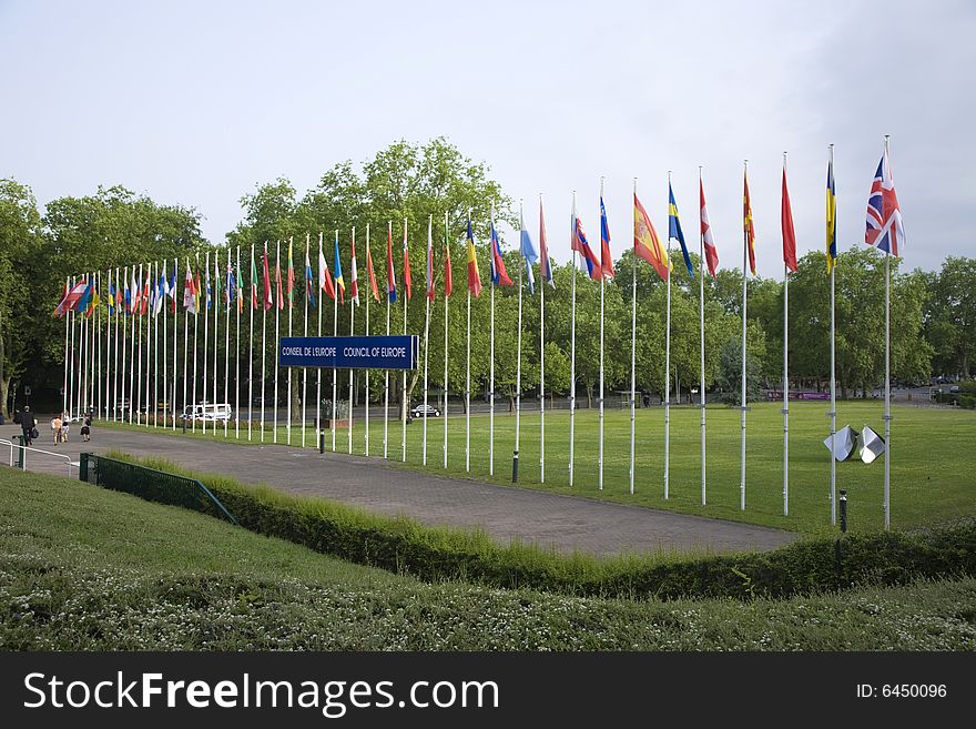 Euro flags in front of the european Parliament in Strasbourg