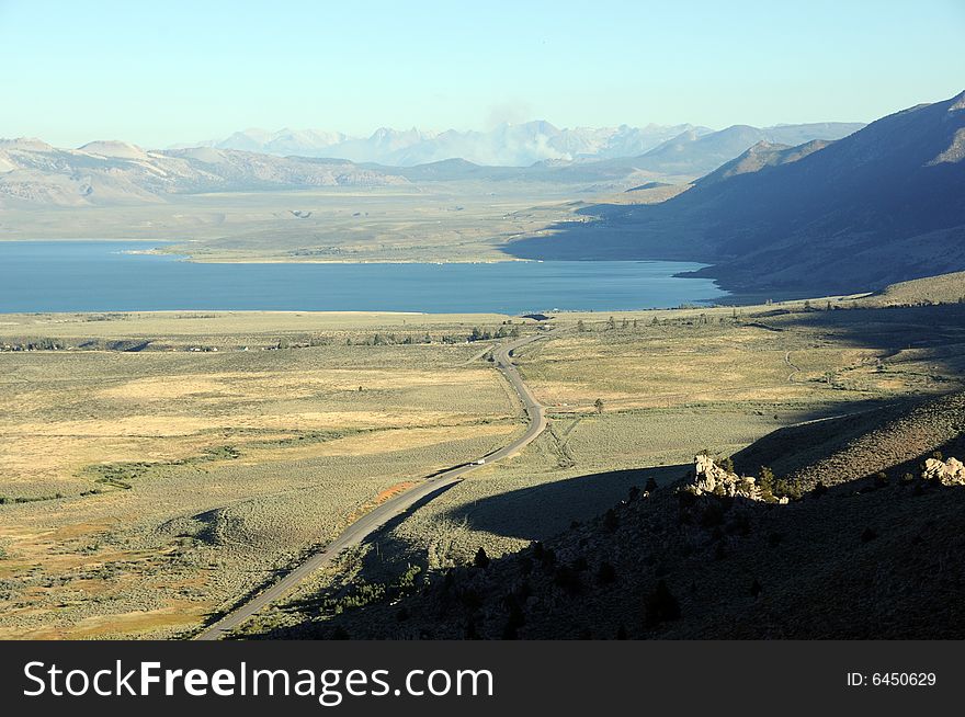 View at the mono lake from the mountains in california
