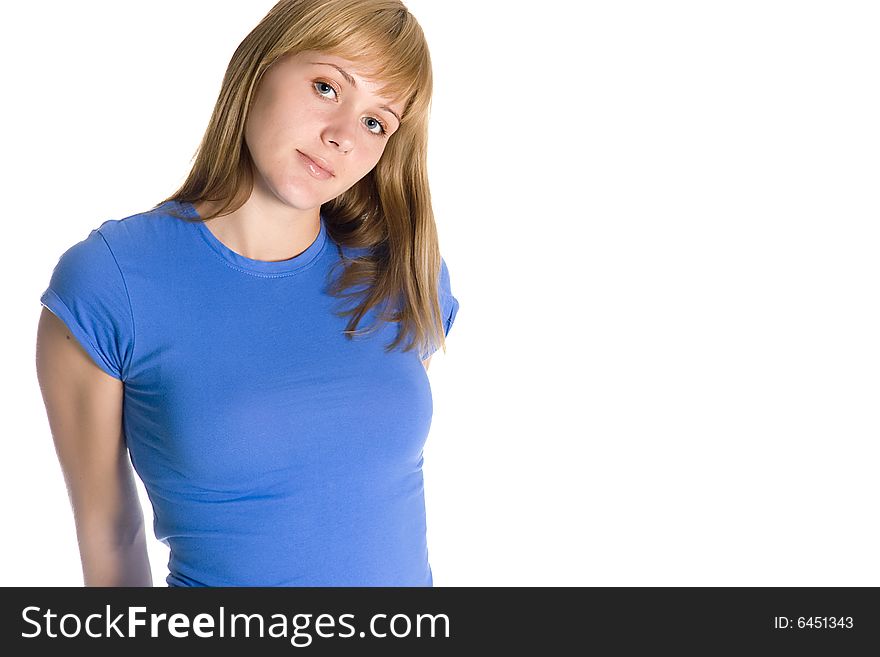 Portait of one attractive young woman in blue t-shirt