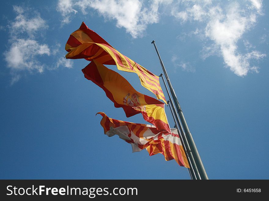 3 flags from spain: spain catalunya and barcelona. 3 flags from spain: spain catalunya and barcelona