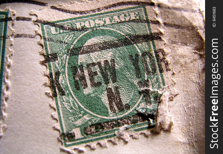 Close up of canceled old stamp with new york postmark