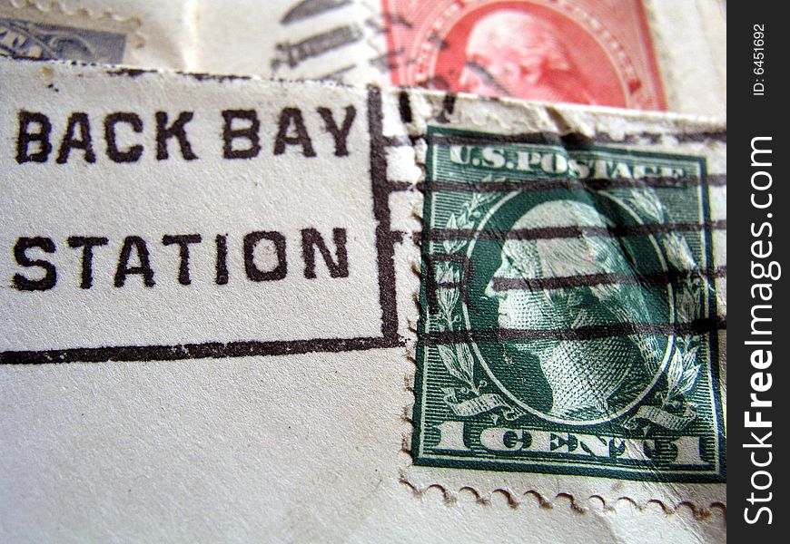 Close up of canceled old stamp with Boston Back Bay postmark. Close up of canceled old stamp with Boston Back Bay postmark