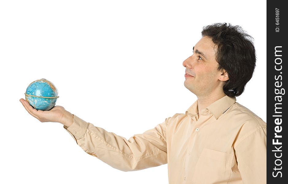 An isolated photo of a smiling man with a globe. An isolated photo of a smiling man with a globe