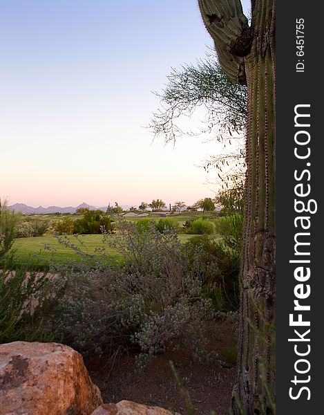 Golf course in the Arizona desert with mountains in the late afternoon sun