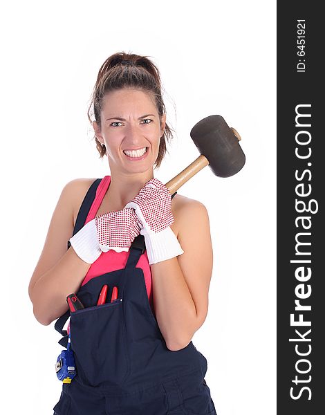 Woman with black rubber mallet on white background