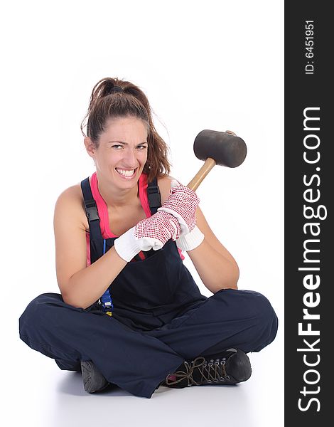 Woman with black rubber mallet on white background