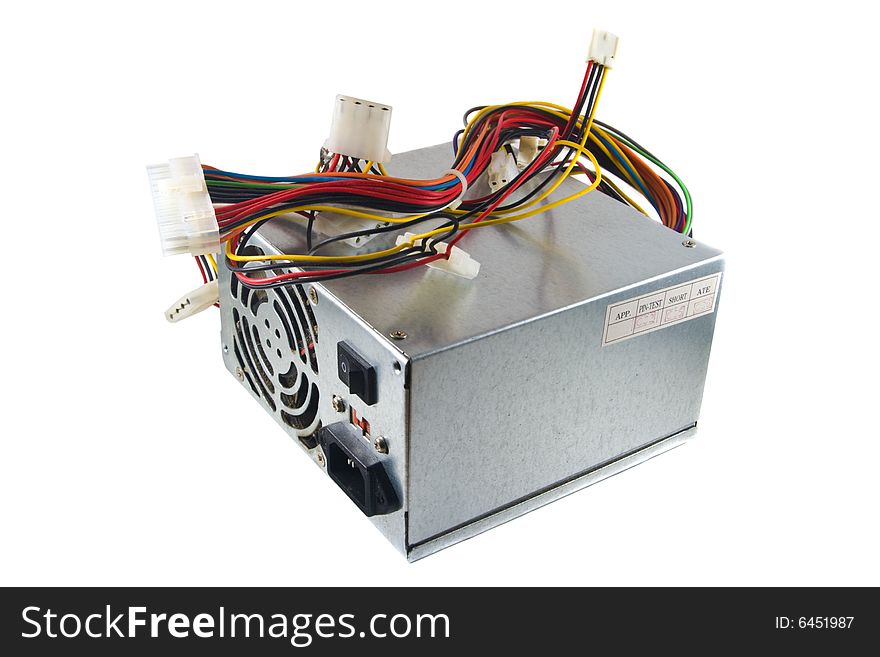 A used computer power supply isolated on a white background.