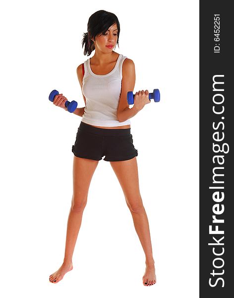 Attractive latino woman working out with two dumbells. Attractive latino woman working out with two dumbells