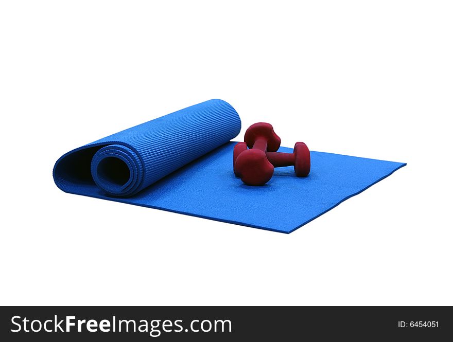 Rug and dumbbells for employment by fitness and aerobics