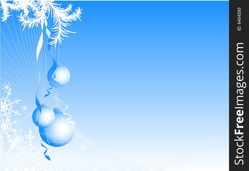 Christmas blue background with snowflakes and bulbs