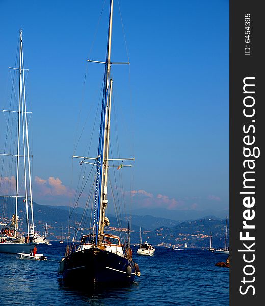 A wonderful shot of a sailing boat in Porto Venere gulf. A wonderful shot of a sailing boat in Porto Venere gulf