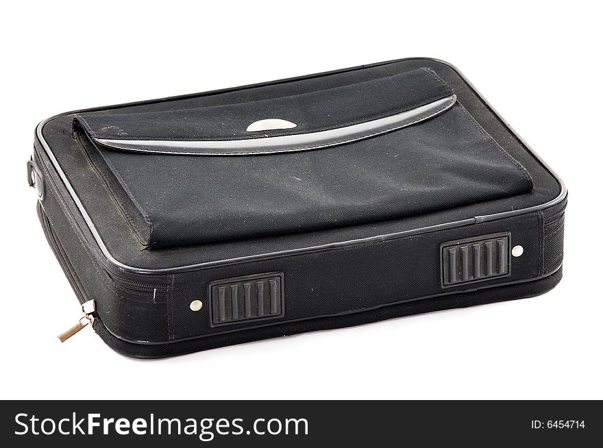 Old black bag for notebook on the white background. Dusty and dirty. Old black bag for notebook on the white background. Dusty and dirty.