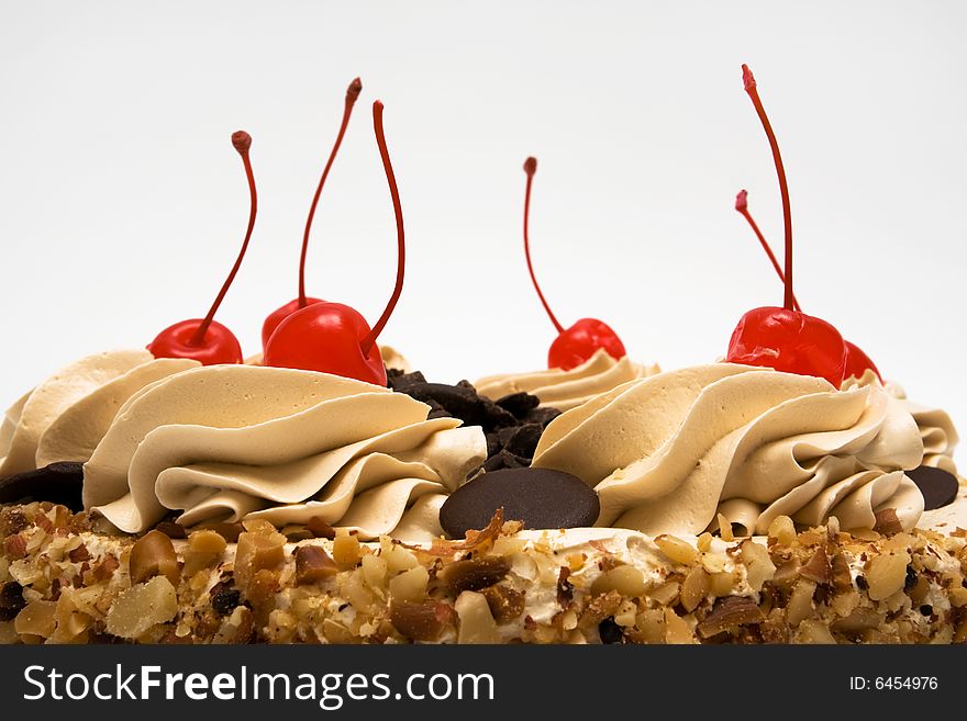 Sweet pie with cherries and chocolate close-up