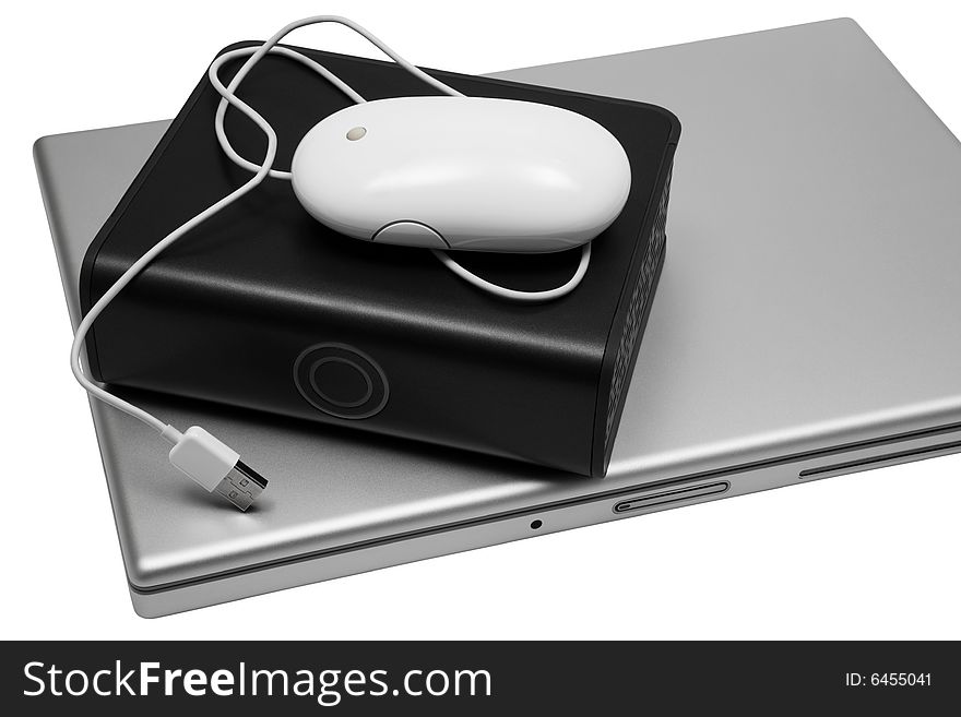 Notebook and an external hard drive on a white background