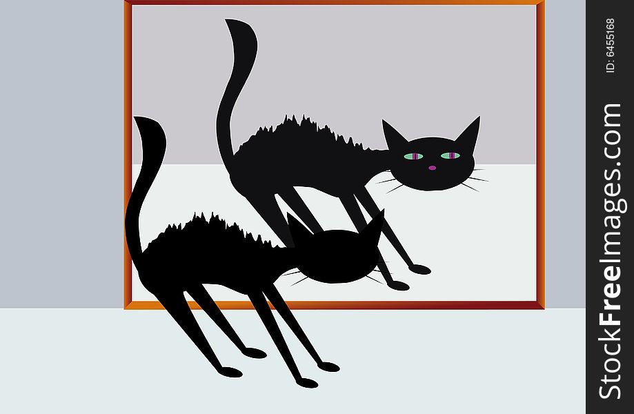 Vector illustration of scared cat with its reflection