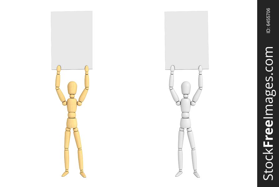 Lay figures doll - of wood and white - holding poster - pose 4. Lay figures doll - of wood and white - holding poster - pose 4