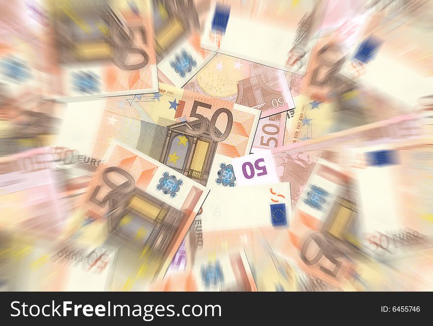 50 Euro notes background texture - mingled pile - radial blur, center focused. 50 Euro notes background texture - mingled pile - radial blur, center focused