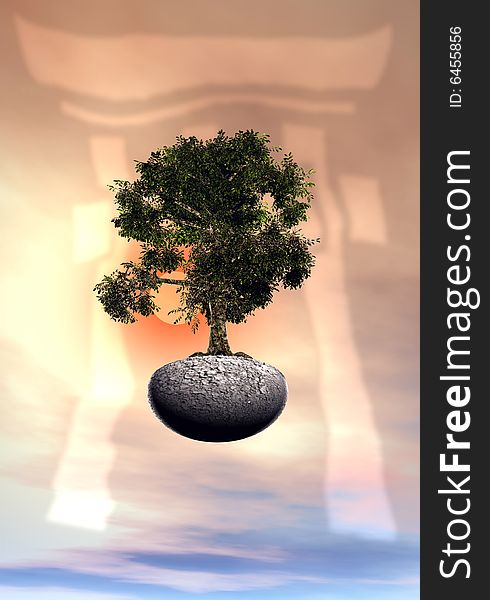 3d image with bonsai tree and chinese theme